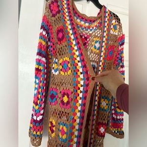 Beautiful long open cardigan multi color Crochet handmade.